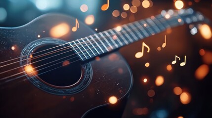 Acoustic guitar with musical notes and bokeh lights