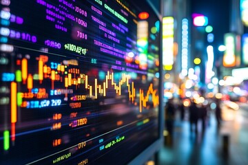 Obraz premium Vibrant City Financial Data Display on Digital Screen with Blurred Night Lights : Generative AI