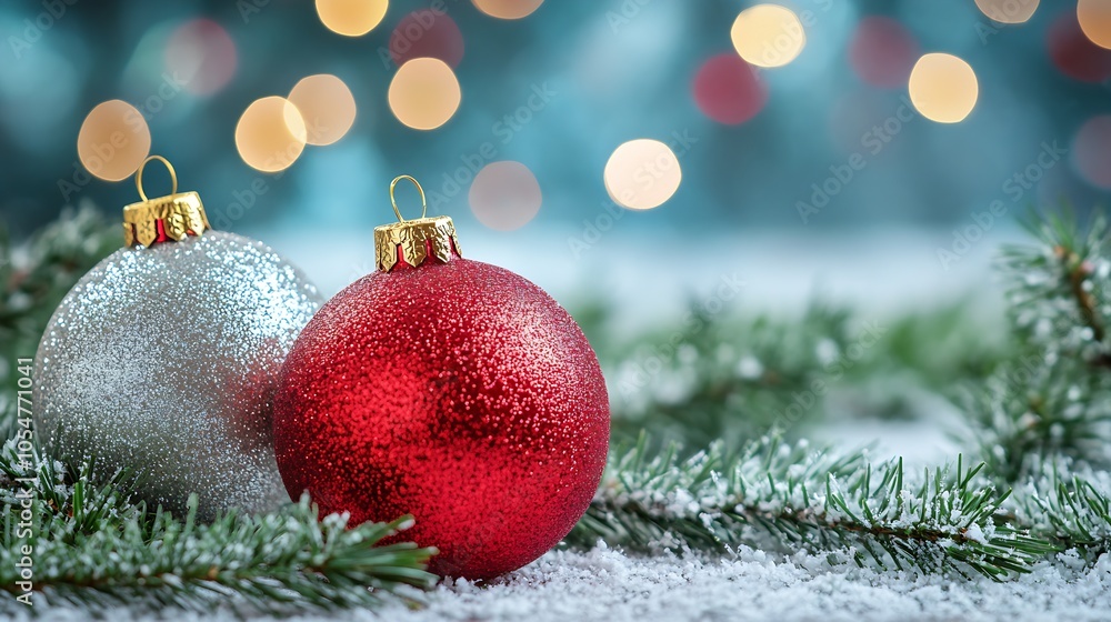 Poster White and Red Christmas Baubles on Snowy Evergreen Branches with Soft Bokeh : Generative AI