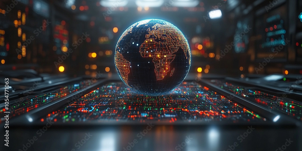 Poster digital globe with a vibrant, glowing network of interconnected lines, representing global communica