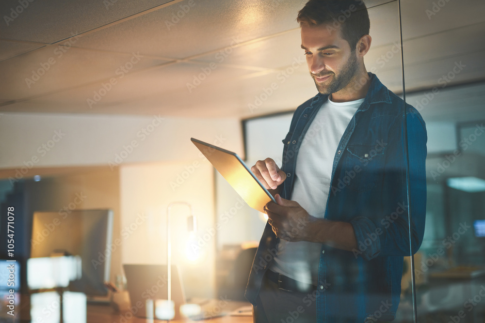 Poster tablet, office and business man at night for research, online website and information technology. st
