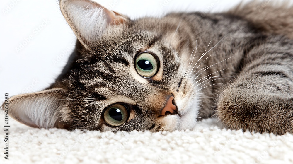 Poster adorable gray tabby cat lying on a soft white carpet with playful eyes : generative ai