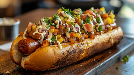 Gourmet hot dog topped with fresh salsa and drizzled sauce served on a wooden platter