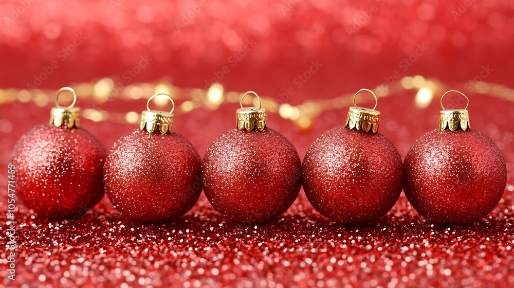 Poster festive red christmas baubles in a row against sparkling background : generative ai