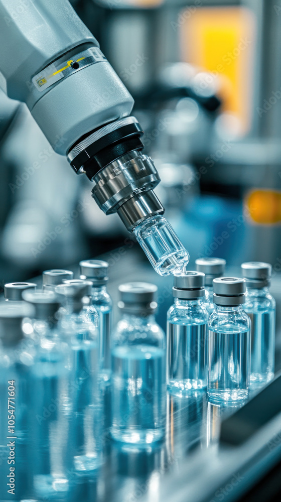 Poster a robot is pouring liquid into a row of bottles. the bottles are all clear and blue. the scene is se