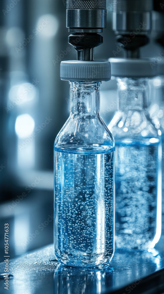 Poster two bottles of water with bubbles in them. the bottle on the left is almost empty. the bottle on the