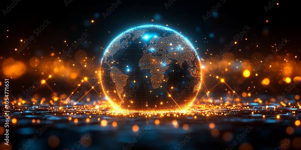 Poster a digital globe with a vibrant, glowing network of interconnected lines, representing global communi