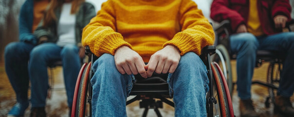 Fototapeta premium A person in a wheelchair is sitting in a park with other people. The person in the wheelchair is wearing a yellow sweater