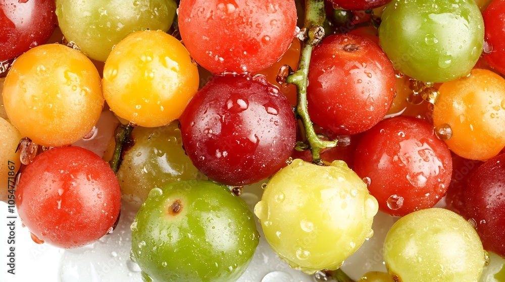 Poster Assorted Colorful Ripe Gooseberries with Water Droplets Macro View : Generative AI