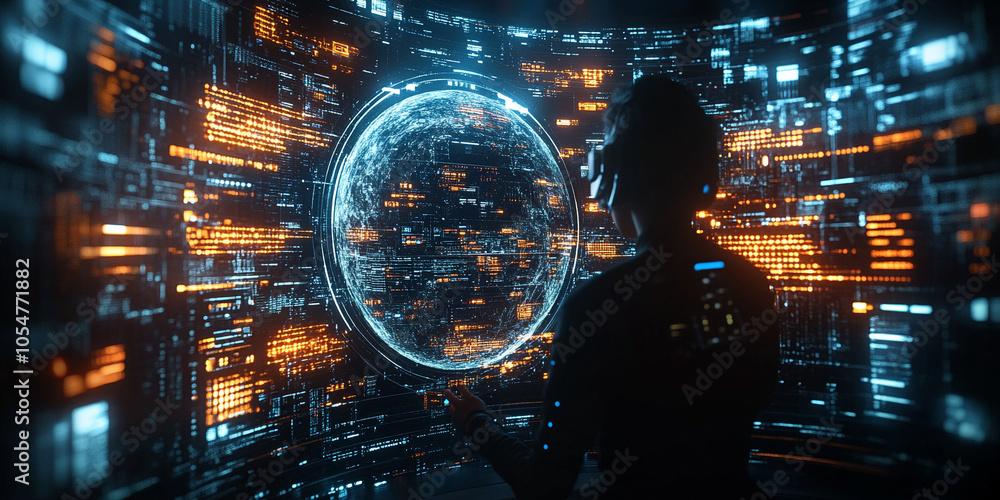 Poster a digital globe with a vibrant, glowing network of interconnected lines, representing global communi