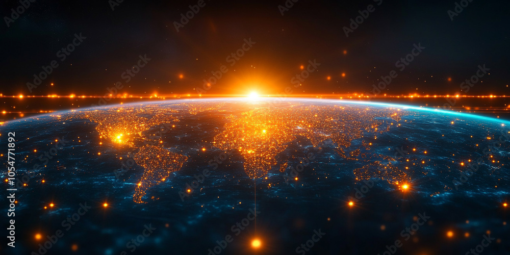 Poster a digital globe with a vibrant, glowing network of interconnected lines, representing global communi