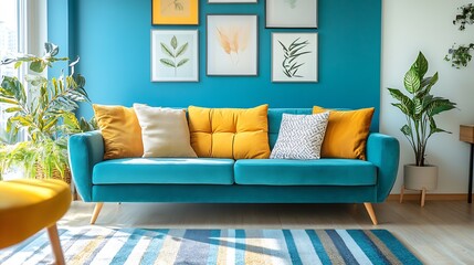 Contemporary Living Room with Vibrant Turquoise Sofa and Cozy Yellow Accents in Bright Natural Light : Generative AI