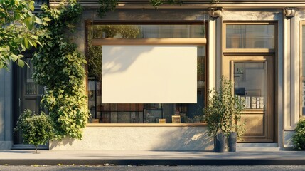 A storefront with a blank sign, surrounded by greenery and a welcoming atmosphere.