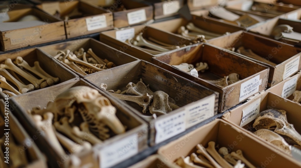 Poster a series of boxes filled with various types of bones and skeletal remains carefully labeled and orga