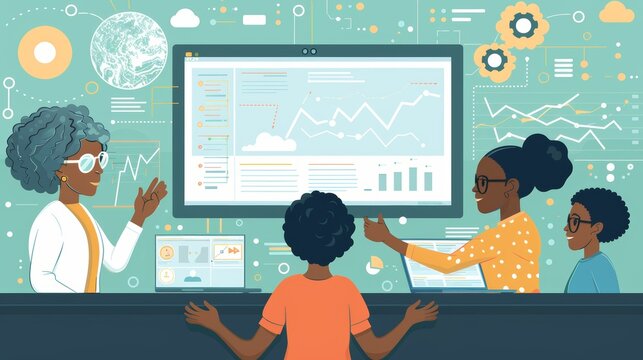 Diverse Team Collaborating on Data Analysis in a Modern Office Setting with Digital Interface