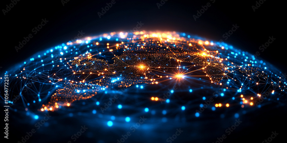 Poster a digital globe with a vibrant, glowing network of interconnected lines, representing global communi