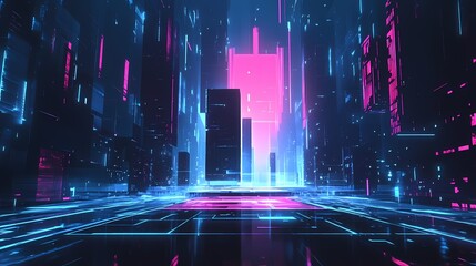 Fototapeta premium Techno Cyberpunk blue-pink future scene illustration poster background