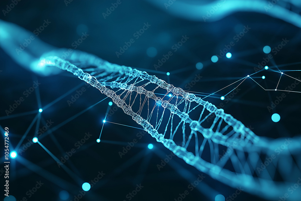 Poster digital representation of dna strand with blue glowing connections in abstract science background