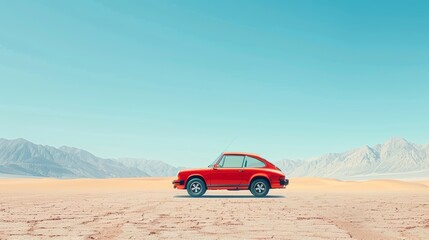 Vintage Red Car in Desert Landscape with Clear Blue Sky and Mountain Range in Background