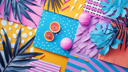 Obraz premium Vibrant Paper Arts Collage with Geometric Patterns and Tropical Elements in Bold Colors