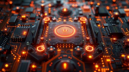 Obraz premium Futuristic Circuit Board Background with Glowing Orange Lights and High-Tech Components