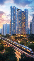 Fototapeta premium A train is traveling over a bridge in a city. The train is surrounded by tall buildings and trees. The sky is a mix of blue and orange, creating a warm and inviting atmosphere