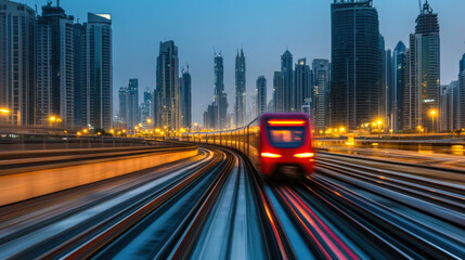 Fototapeta premium A red train is traveling down a track in a city at night. The train is surrounded by tall buildings, and the city lights create a warm and inviting atmosphere. The train's movement is smooth