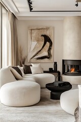Stylish Modern Living Room with Cozy Beige Furniture and Elegant Fireplace Ambiance : Generative AI