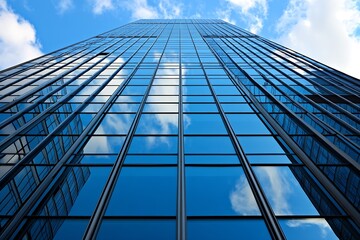 Obraz premium Low Angle View of Reflective Glass Skyscraper Against Blue Sky : Generative AI