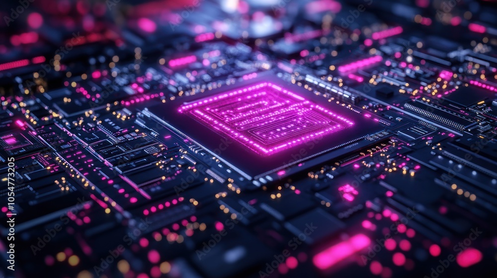Poster close-up of a futuristic circuit board with glowing elements.