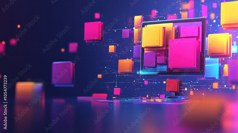Poster a computer monitor with colorful squares on it. the squares are in different colors and sizes. the i