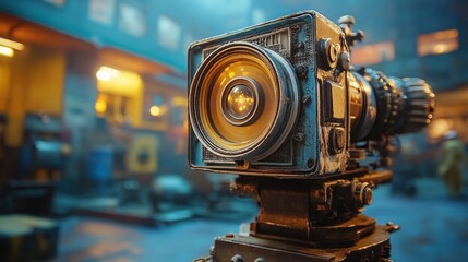 A vintage camera with a large lens in an industrial setting.
