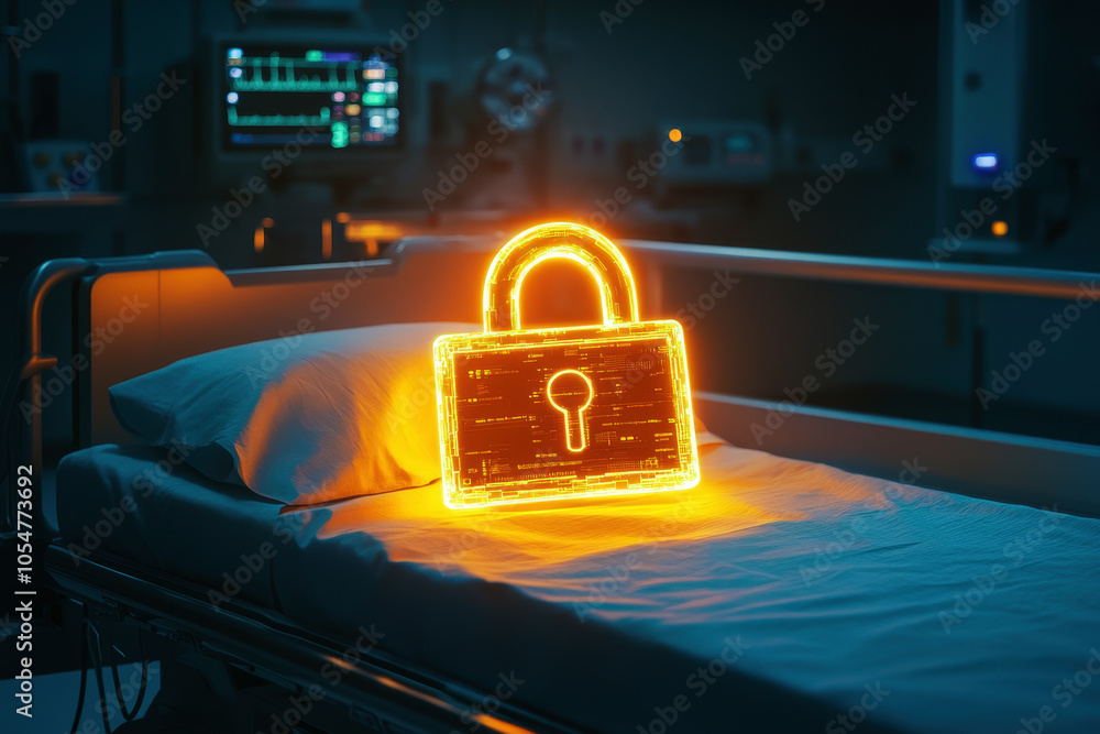 Wall mural glowing padlock icon hovering over hospital bed soft blue tones subtle medical equipment in backgrou