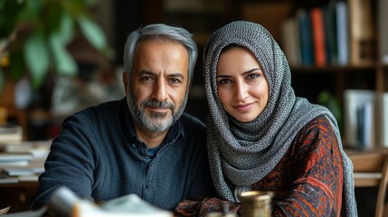 A middle-aged Middle Eastern couple collaborates over tea in a cozy, book-filled cafe during autumn