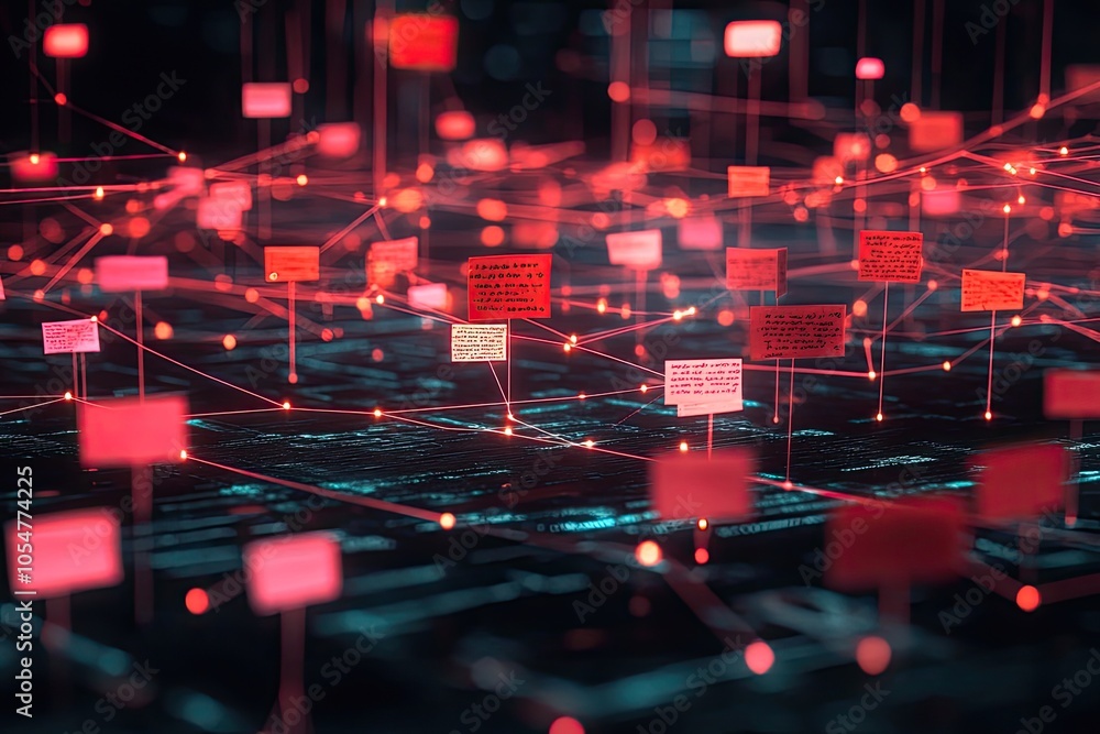 Poster red glowing notes linked together. this image represents the connectivity and information flow of th