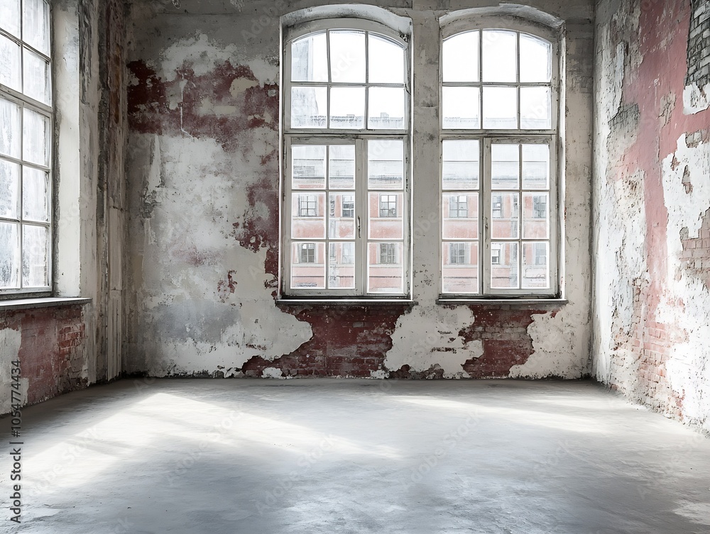 Poster abandoned urban room with textured walls and large windows : generative ai