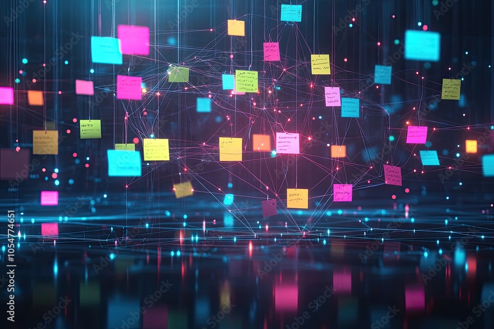 Poster colorful sticky notes connected by lines. this abstract image can symbolize interconnectedness, idea