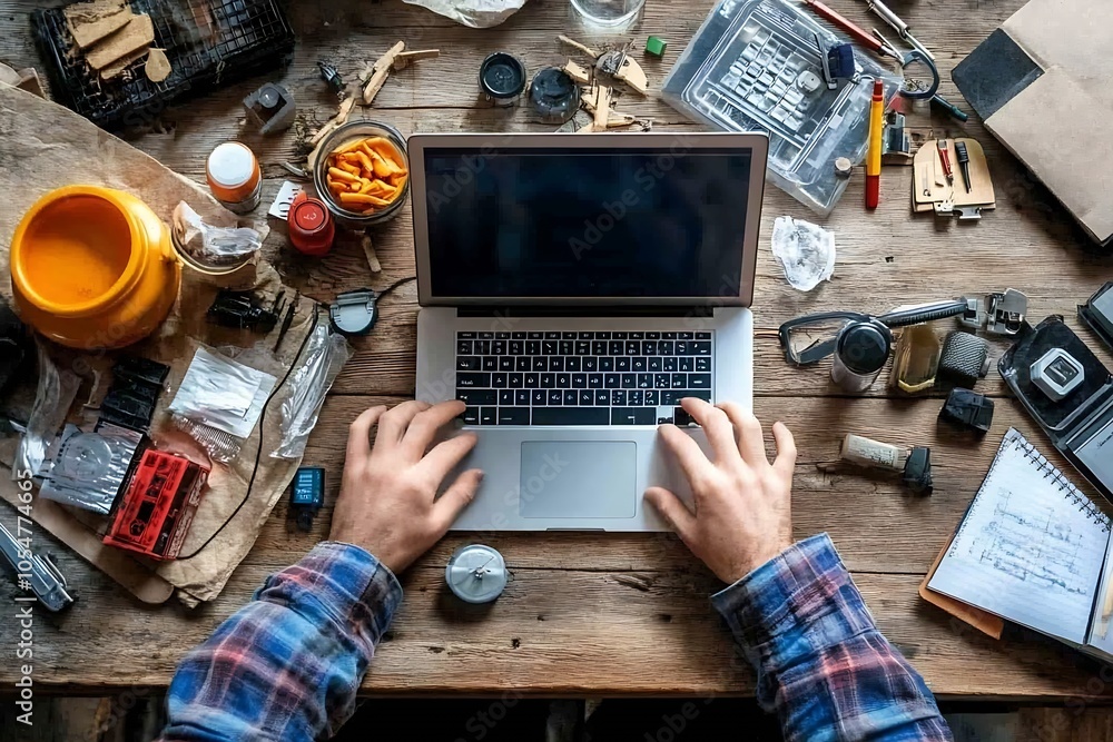 Aufkleber overhead view of tech enthusiast working at cluttered wooden desk : generative ai