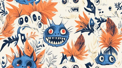 Obraz premium Playful Monster Doodles Seamless Pattern with Whimsical Creatures and Autumn Leaves in Blue and Orange