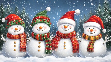Charming Festive Snowmen Trio in Santa Hats Among Falling Snow in a Winter Wonderland Landscape : Generative AI
