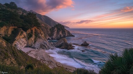 A breathtaking sunset over a secluded beach with dramatic cliffs and crashing waves.
