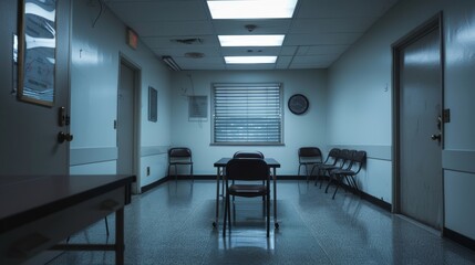 An observation room next to the interrogation room allows for officers to watch the proceedings without being seen.