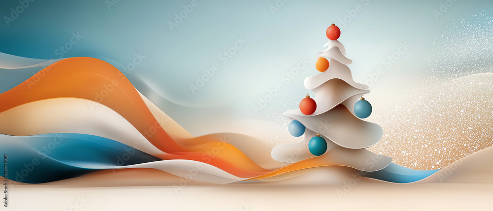 Poster modern holiday card with abstract christmas tree design and colorful elements in a serene background