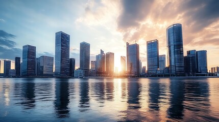 Naklejka premium Majestic Urban Cityscape at Sunset with Silhouetted Skyscrapers and Reflective Waters : Generative AI
