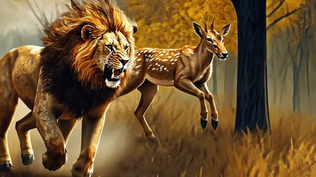 A dramatic scene of a lion chasing a deer in a natural setting.