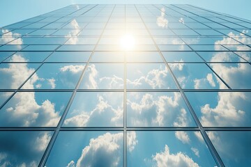 Glass building reflects blue sky. This photo captures the reflection of clouds and sun in the glass panels of a modern skyscraper, representing success and growth.