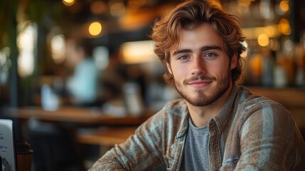 Fototapeta premium Young man developing innovative fintech solutions in a cozy cafe setting during the afternoon