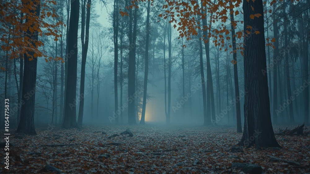 Poster a mysterious glow shines through the fog in a dense forest.