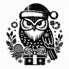 Santa Owl Wearing a Christmas Hat Surrounded by Holiday Decorations and Gifts