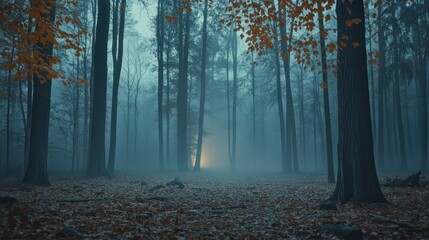 Obraz premium A mysterious glow shines through the fog in a dense forest.